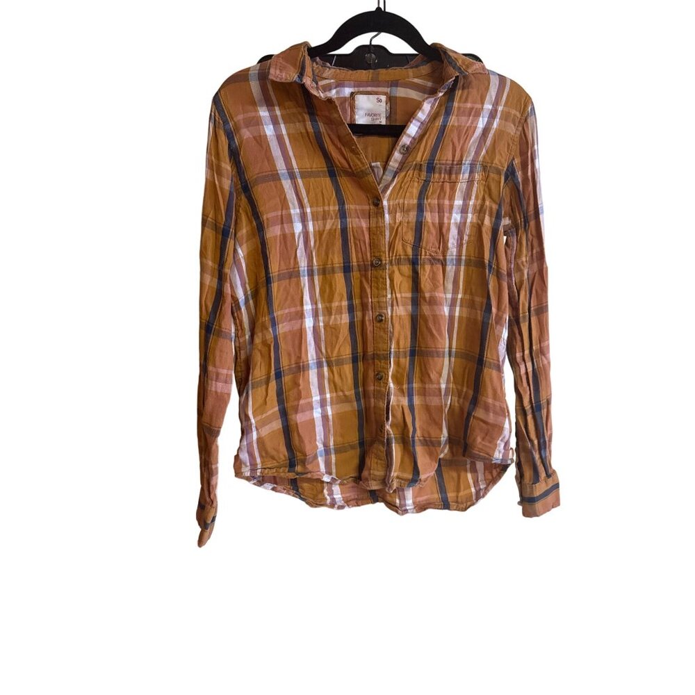 Plaid Button-Up Shirt M So Orange/Blue Cotton & Modal